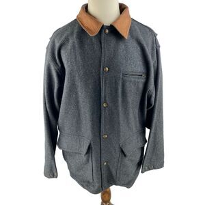 Woolrich Mens‎ XL Charcoal Loden Wool Blend Utility Field Snap Coat Leather Trim